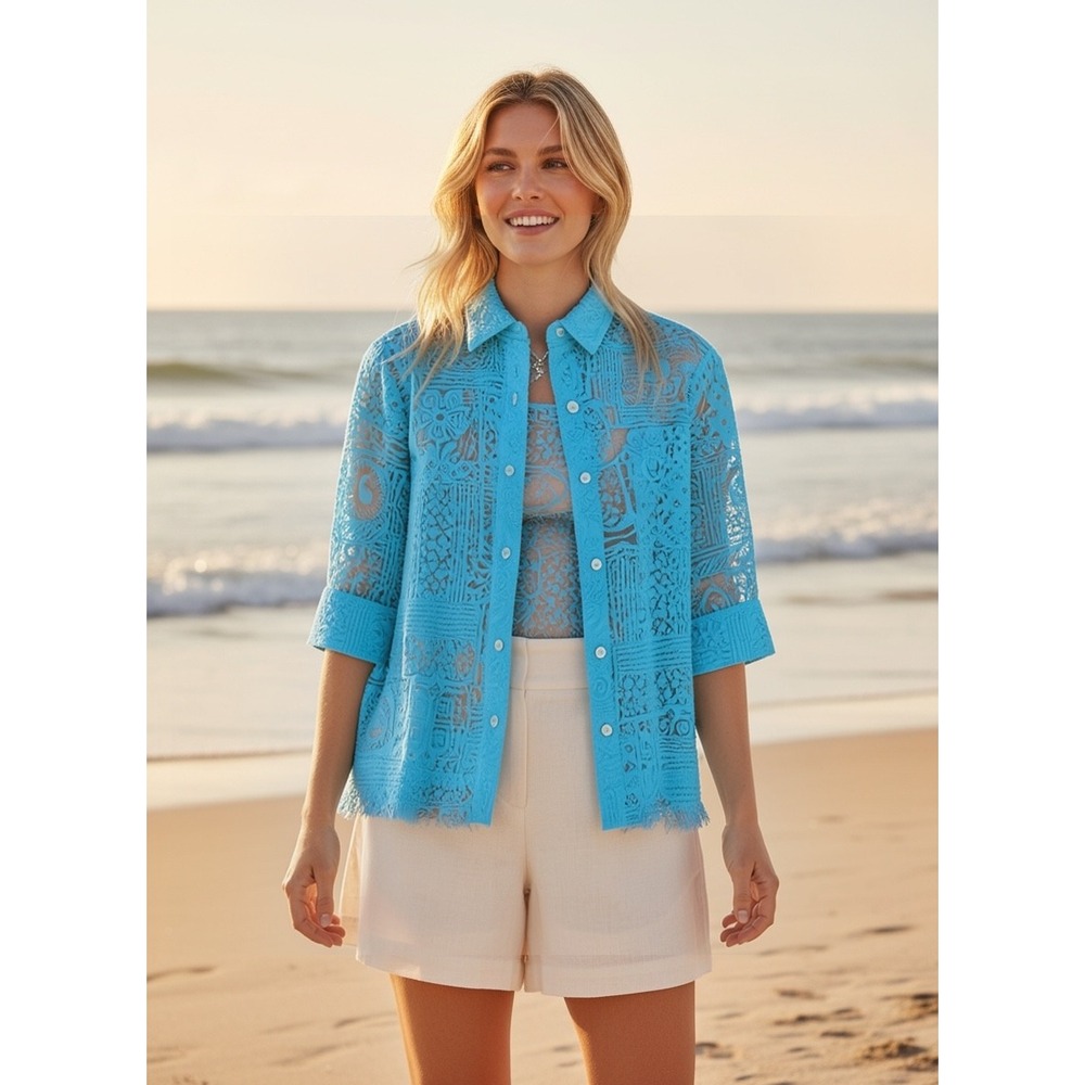 Ruby Rd. Semi Sheer Button Up Shirt Women 14 Summer Breathable Layering Chic Top